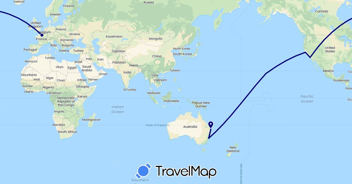 TravelMap itinerary: driving in Australia, France, United States (Europe, North America, Oceania)